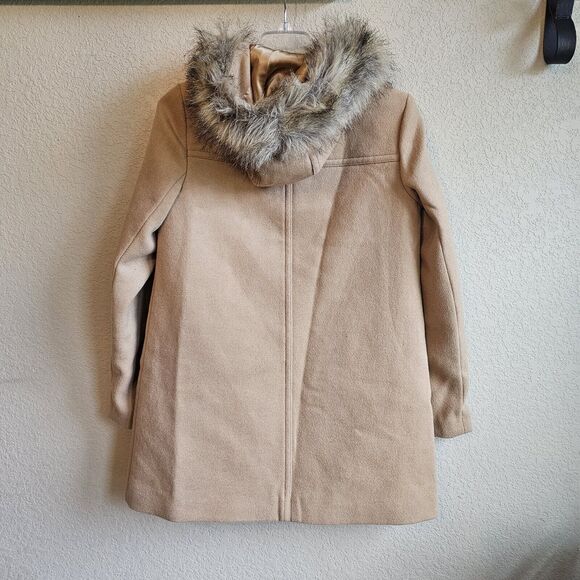 J CREW Vail Parka Pea Coat Jacket Tan Wool Faux Fur-lined Hood Zipper Size 2 - Picture 4 of 8